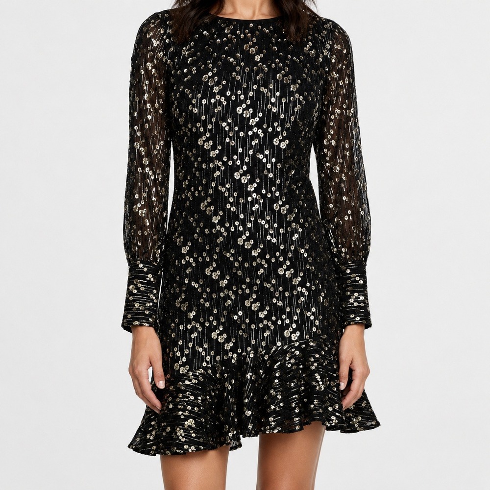 Derek Lam 10 Crosby Black Gold Metallic Flounced Dress Silk Blend Size 6